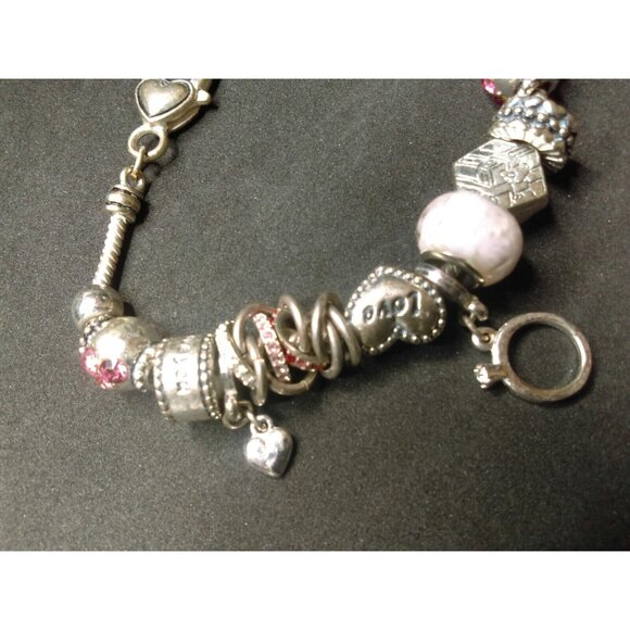 Silver Bracelet with Love Hearts Rings many Charms 8 inches - Picture 6 of 6